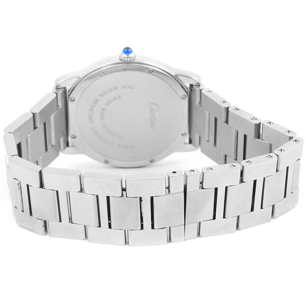 The image shows the back view of a Cartier Ronde W6701005 Stainless Steel Silver Dial W6701005 Stainless Steel Silver Dial watch, highlighting its stainless steel case and bracelet.