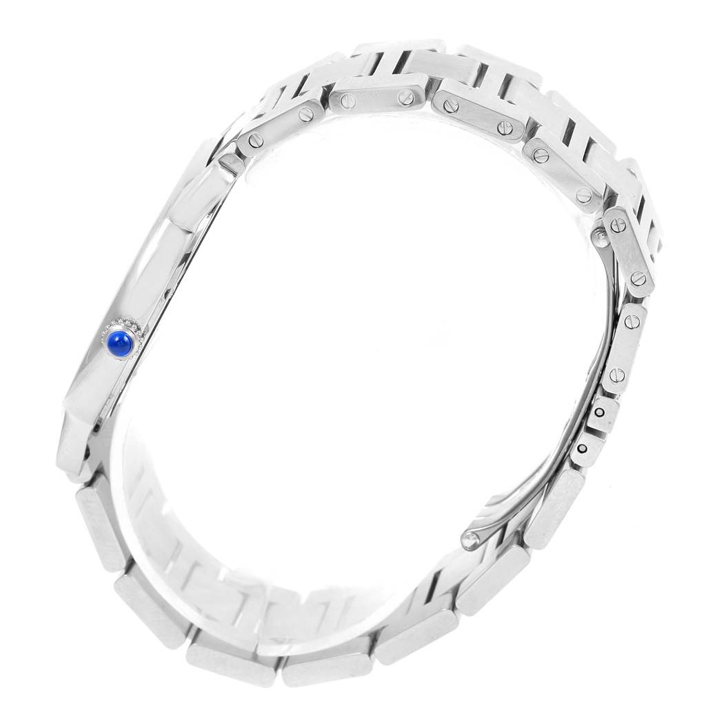 The image shows a side view of the Cartier Ronde W6701005 Stainless Steel Silver Dial W6701005 Stainless Steel Silver Dial model watch, highlighting its bracelet and side crown with a blue cabochon.