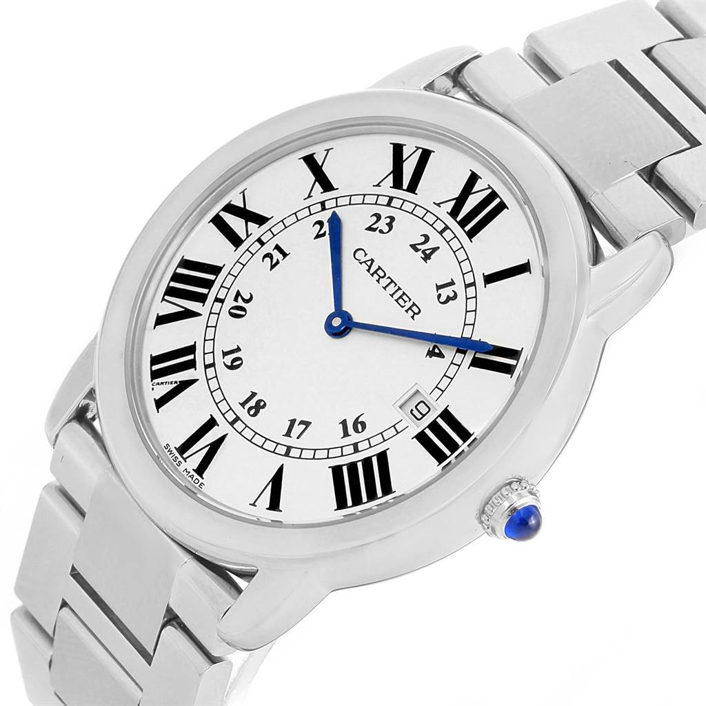 The image shows a front-angled view of the Cartier Ronde W6701005 Stainless Steel Silver Dial W6701005 Stainless Steel Silver Dial watch, highlighting the dial, bezel, bracelet, and crown.