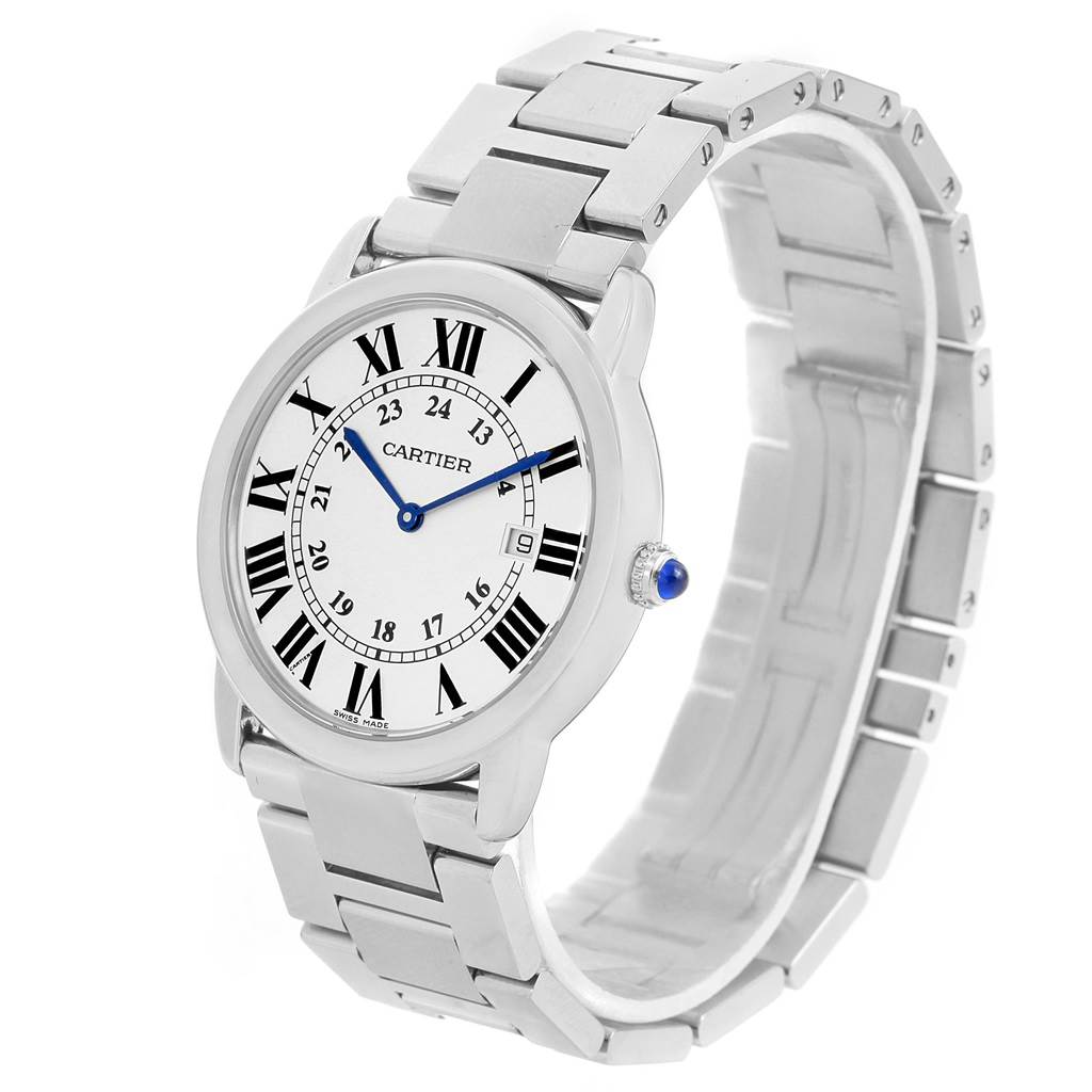 The image shows a Cartier Ronde W6701005 Stainless Steel Silver Dial W6701005 Stainless Steel Silver Dial model watch at a slight angle, highlighting its face, metal strap, and side crown.