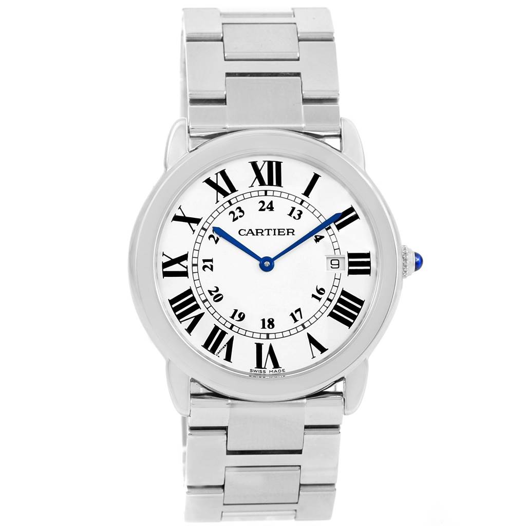 The image shows a front view of the Ronde model by Cartier, highlighting the dial, hands, and stainless steel bracelet.