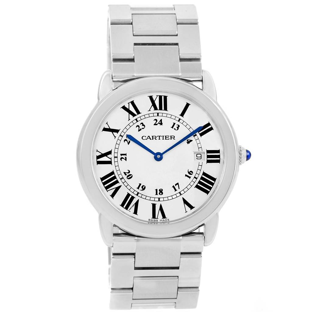 The image shows a Cartier Ronde W6701005 Stainless Steel Silver Dial W6701005 Stainless Steel Silver Dial watch, displaying the face, bezel, case, and part of the bracelet, viewed from the front.