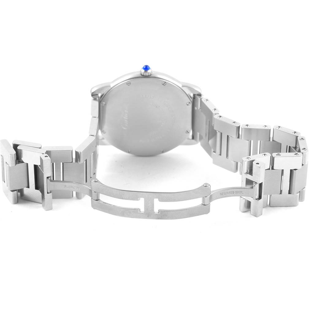 This image shows the backside and open clasp of a Cartier Ronde W6701005 Stainless Steel Silver Dial W6701005 Stainless Steel Silver Dial model wristwatch, focusing on the metal bracelet and case back.
