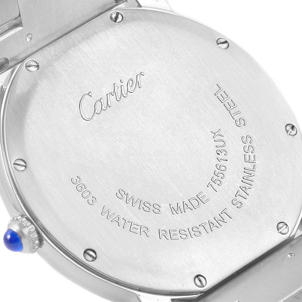 This image shows the back case of a Cartier Ronde W6701005 Stainless Steel Silver Dial W6701005 Stainless Steel Silver Dial watch, highlighting the engraved brand name and specifications.