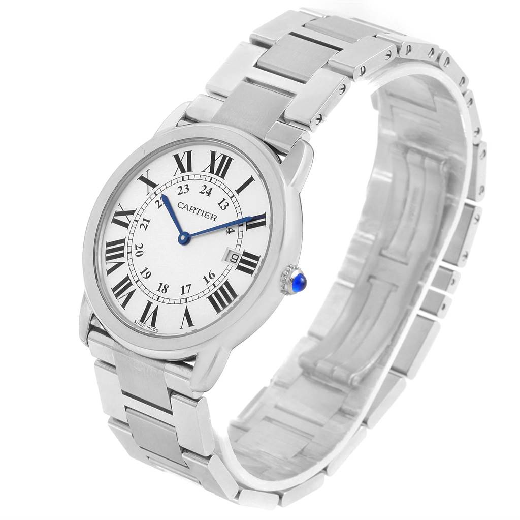 The Cartier Ronde W6701005 Stainless Steel Silver Dial W6701005 Stainless Steel Silver Dial watch is shown at a three-quarter angle, displaying the dial, bezel, bracelet, and crown with a blue cabochon.