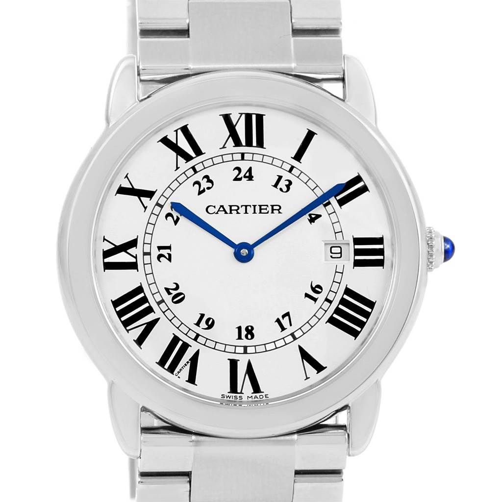 The image shows a front view of the Cartier Ronde W6701005 Stainless Steel Silver Dial W6701005 Stainless Steel Silver Dial watch, displaying the dial, Roman numerals, blue hands, and part of the metal bracelet.