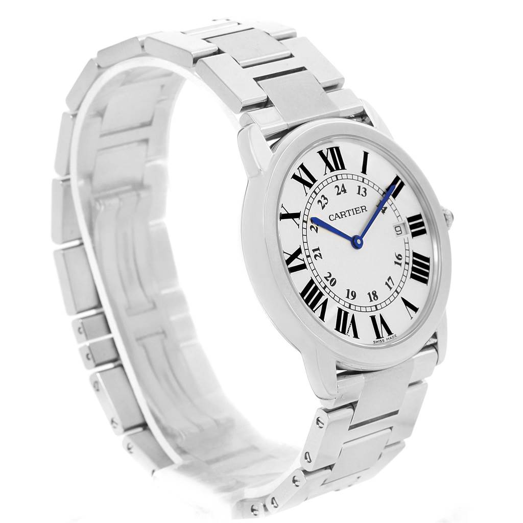 The image shows a Cartier Ronde W6701005 Stainless Steel Silver Dial W6701005 Stainless Steel Silver Dial watch from a front angle, highlighting the face, bezel, and bracelet.