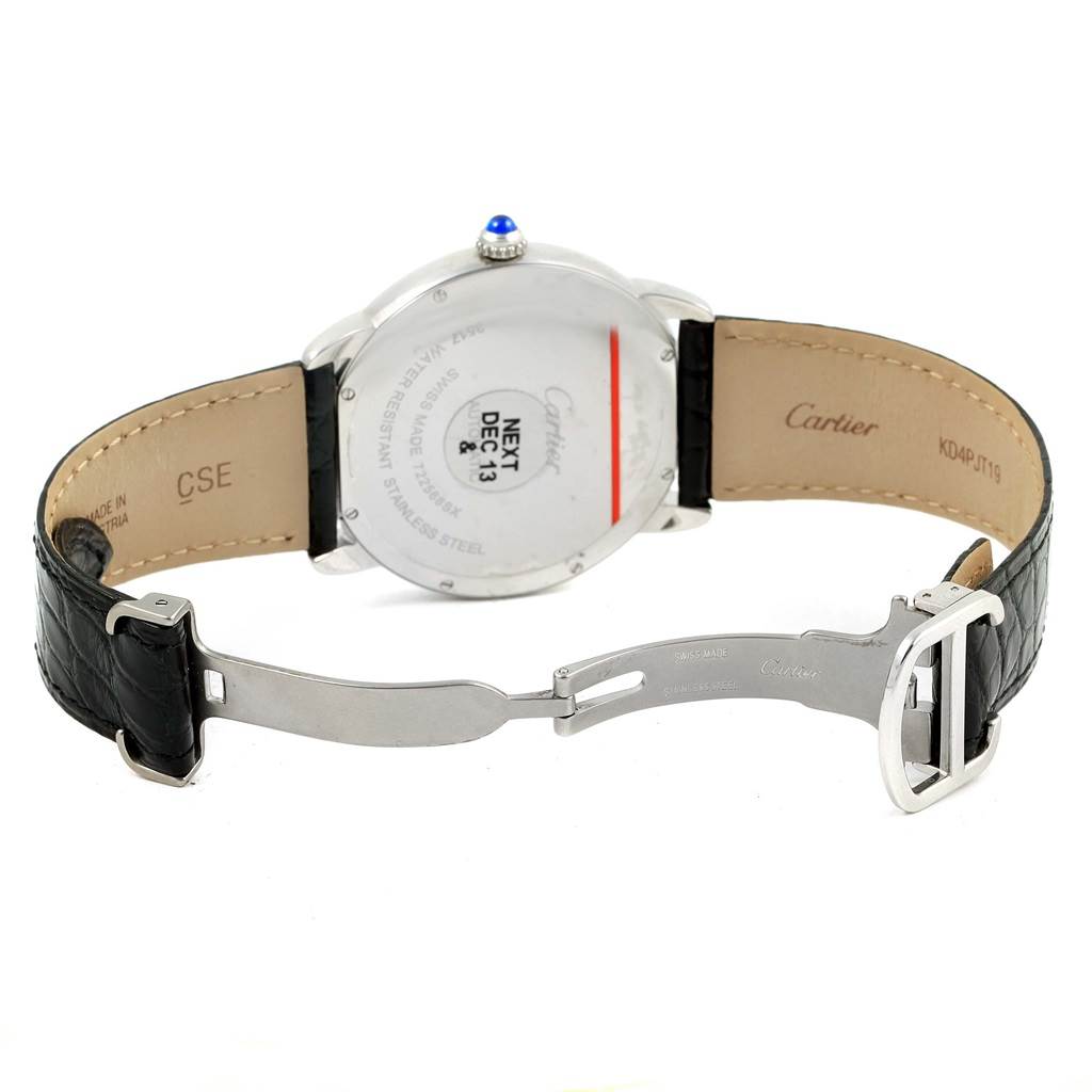 The image shows the back of a Cartier Ronde W6701010 Men's Stainless Steel Silver Dial W6701010 Men's Stainless Steel Silver Dial watch, highlighting the leather strap and deployment clasp.