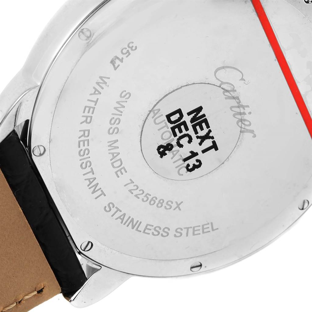 The image shows the back case of a Ronde model by Cartier, highlighting details like water resistance, stainless steel, and model information.