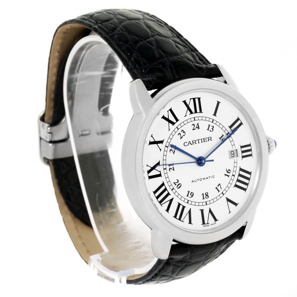 This image shows a Cartier Ronde W6701010 Men's Stainless Steel Silver Dial W6701010 Men's Stainless Steel Silver Dial watch at a slight angle, focusing on its face, leather strap, and side crown.