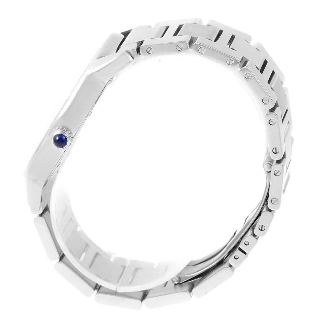 This is a side view of the Cartier Ronde W6701011 Men
s Stainless Steel Silver Dial W6701011 Men
s Stainless Steel Silver Dial watch, showing the bracelet and crown with a blue cabochon.