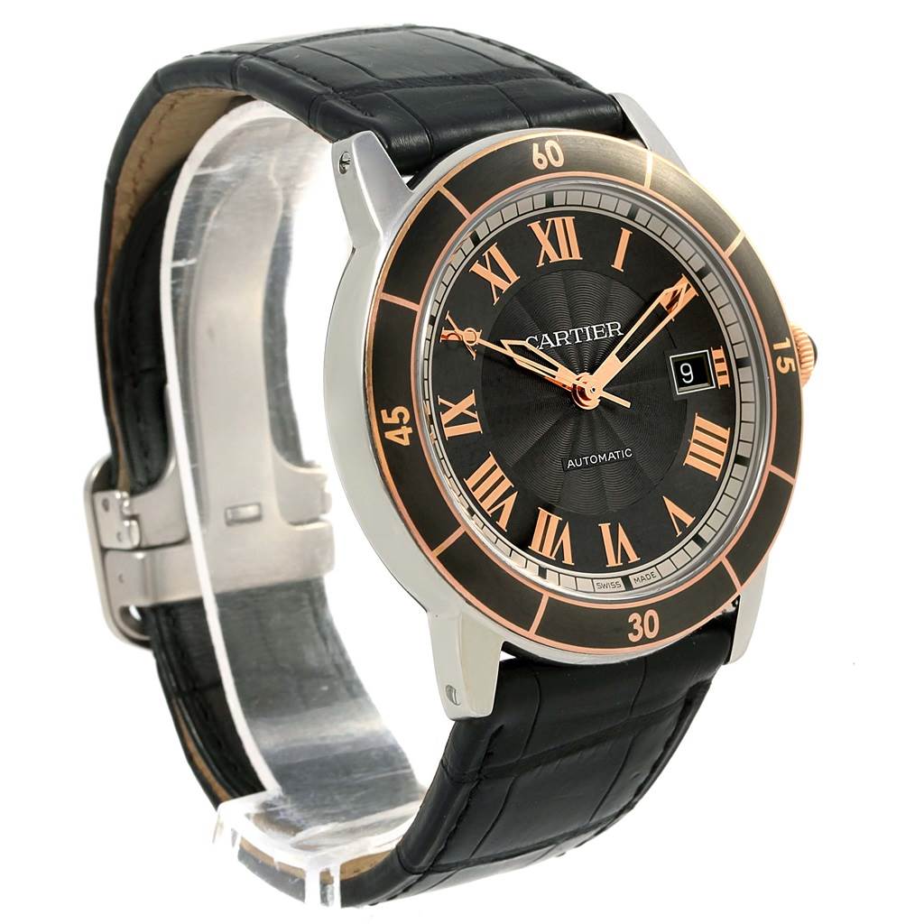 This is a Cartier Ronde W2RN0005 Stainless Steel Grey Dial W2RN0005 Stainless Steel Grey Dial model watch, shown at an angle displaying the face, bezel, case, and part of the leather strap.