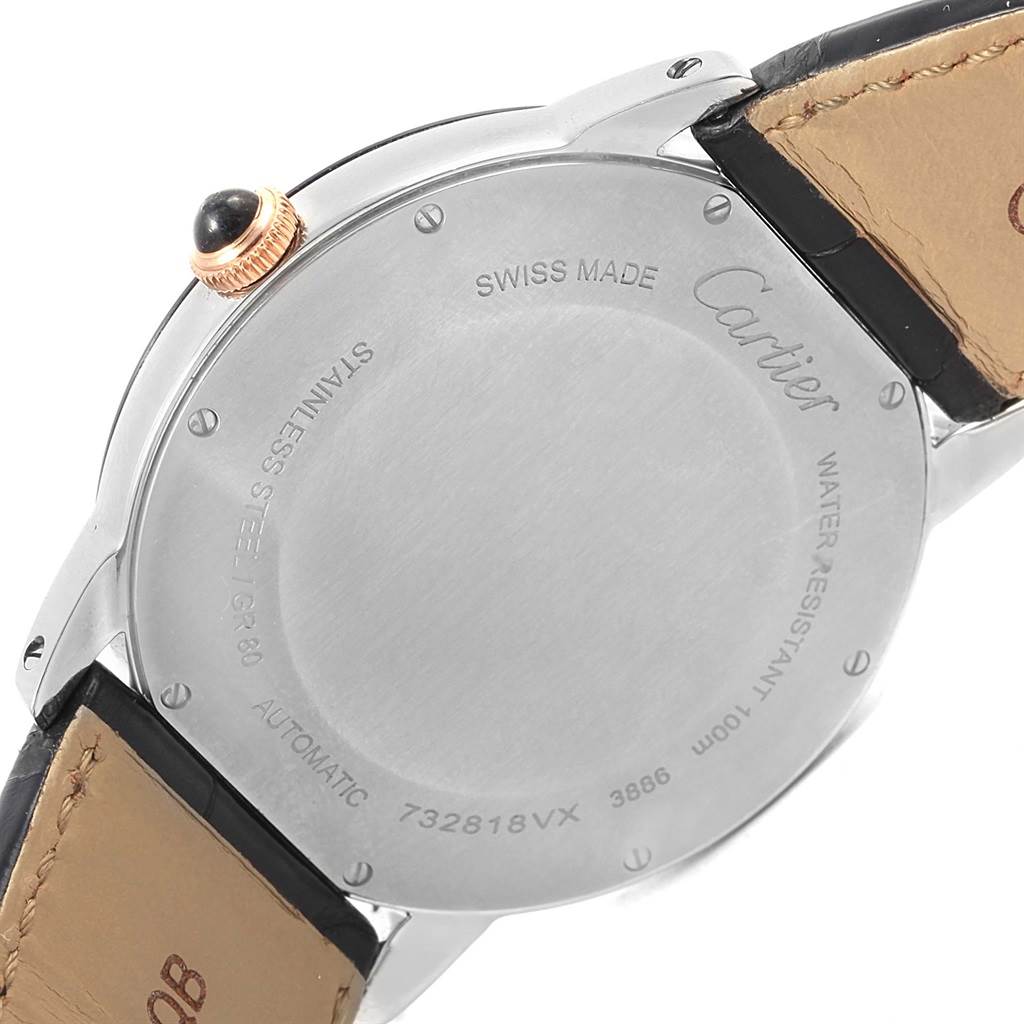 The image shows the back view of the Cartier Ronde W2RN0005 Stainless Steel Grey Dial W2RN0005 Stainless Steel Grey Dial watch, highlighting its case back and leather strap.