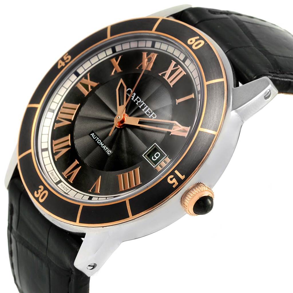 The image shows a Cartier Ronde W2RN0005 Stainless Steel Grey Dial W2RN0005 Stainless Steel Grey Dial model watch from an angled side perspective, highlighting the face, bezel, dial, and crown.