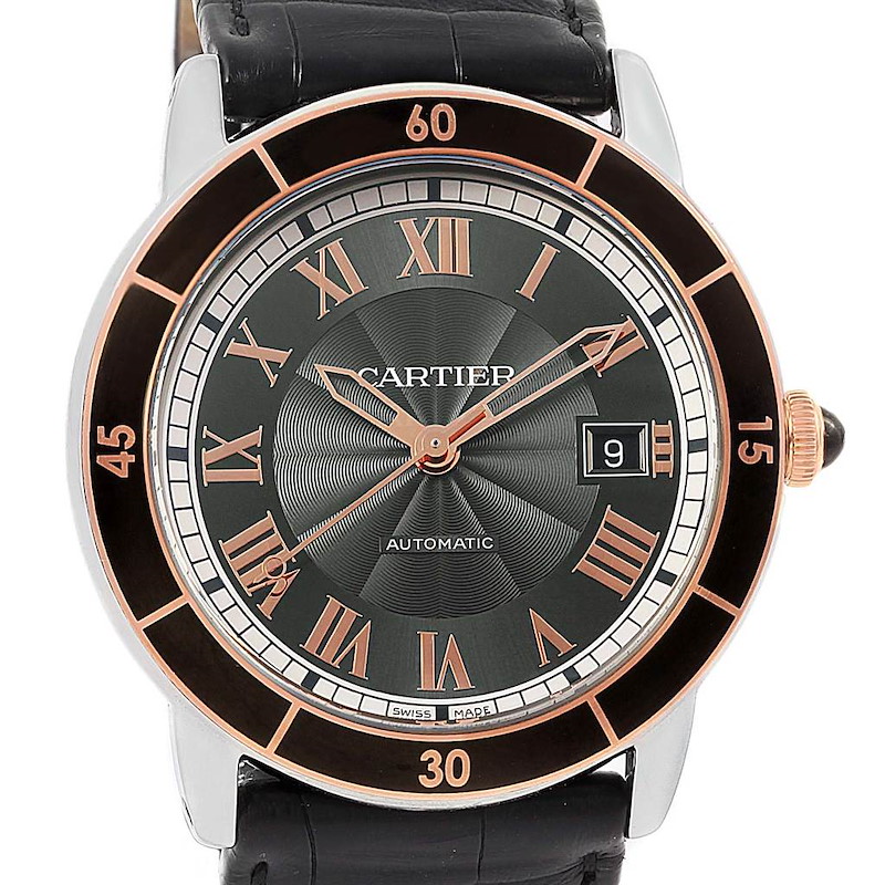 The image shows a front view of a Cartier Ronde watch displaying the face, bezel, and part of the leather strap.