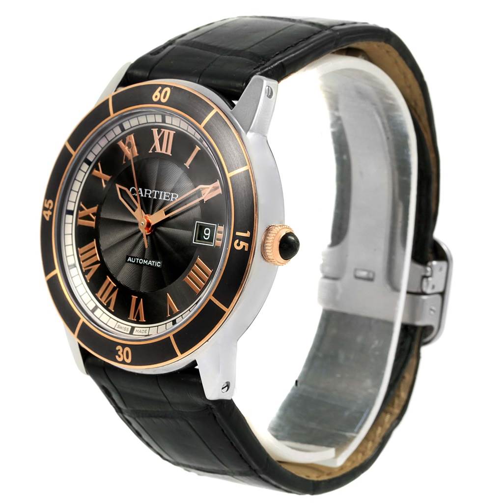 This image shows a Ronde model Cartier watch from a front-side angle, highlighting the dial, bezel, and strap.