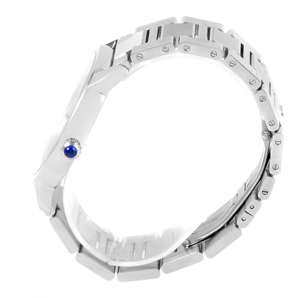 This image shows a side view of the Cartier Ronde W6701011 Men
s Stainless Steel Silver Dial W6701011 Men
s Stainless Steel Silver Dial watch, highlighting its metal bracelet and blue crown.