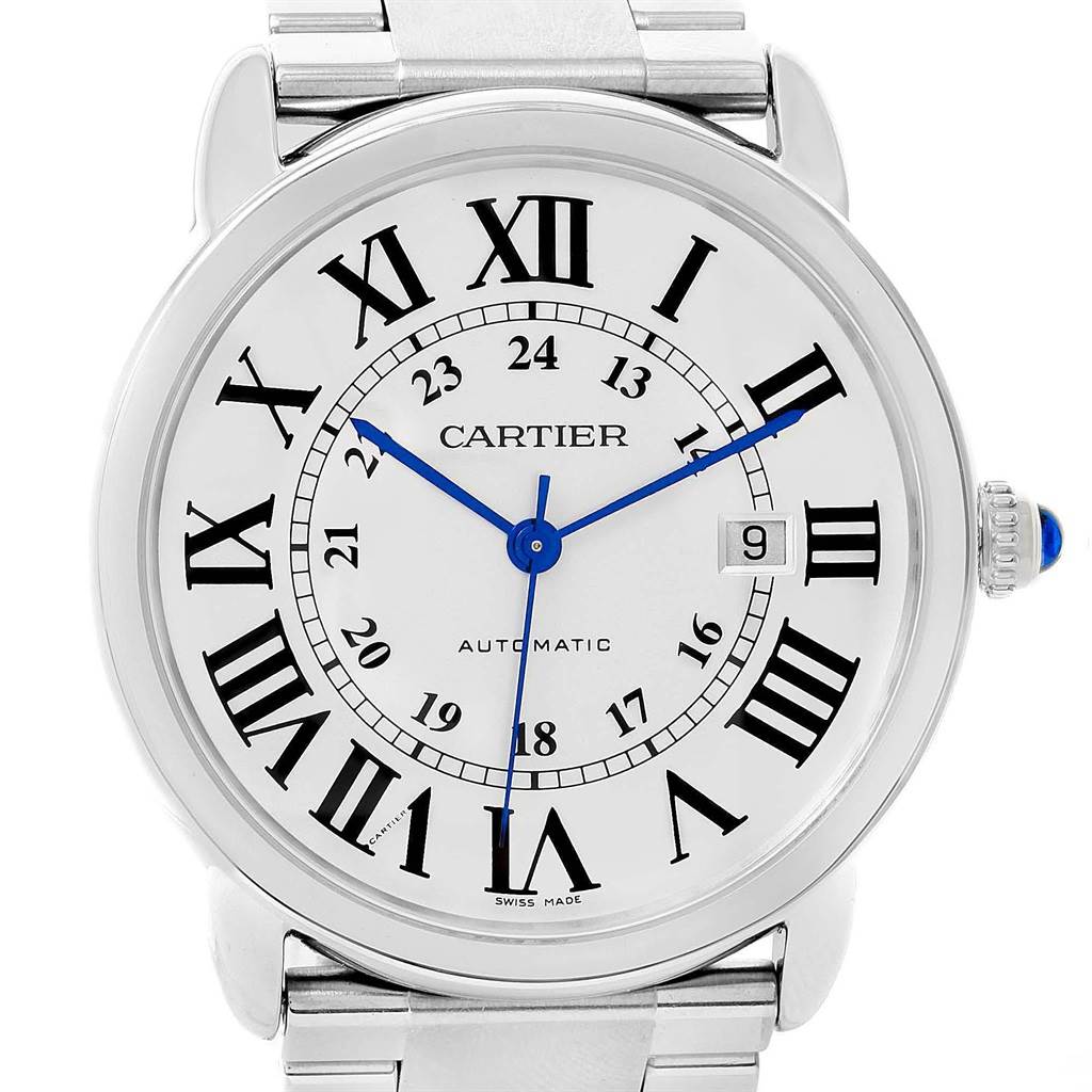 This image shows a front view of the Cartier Ronde W6701011 Men's Stainless Steel Silver Dial W6701011 Men's Stainless Steel Silver Dial model watch, displaying its Roman numerals, blue hands, and metal bracelet.