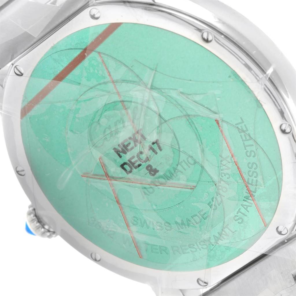 The image shows the back casing of a Cartier Ronde W6701011 Men's Stainless Steel Silver Dial W6701011 Men's Stainless Steel Silver Dial model watch, displaying engraving details.