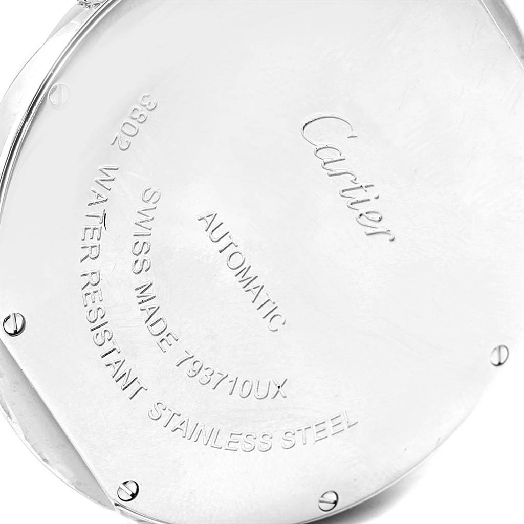 The image shows the back case of a Cartier Ronde W6701011 Men's Stainless Steel Silver Dial W6701011 Men's Stainless Steel Silver Dial watch, revealing details like the brand name, model, and specifications.