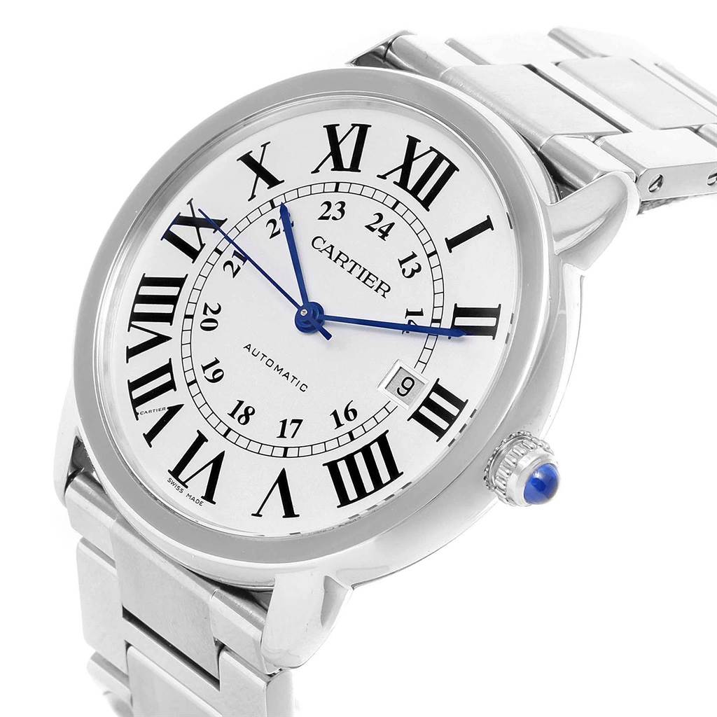 The Cartier Ronde W6701011 Men's Stainless Steel Silver Dial W6701011 Men's Stainless Steel Silver Dial watch is displayed at an angle showing its dial, bezel, crown, and part of the bracelet.