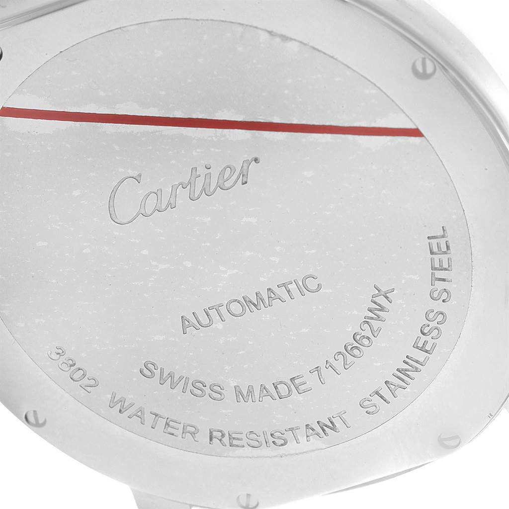The image shows the back case of a Cartier Ronde W6701011 Men
s Stainless Steel Silver Dial W6701011 Men
s Stainless Steel Silver Dial watch, highlighting its inscriptions and water resistance details.