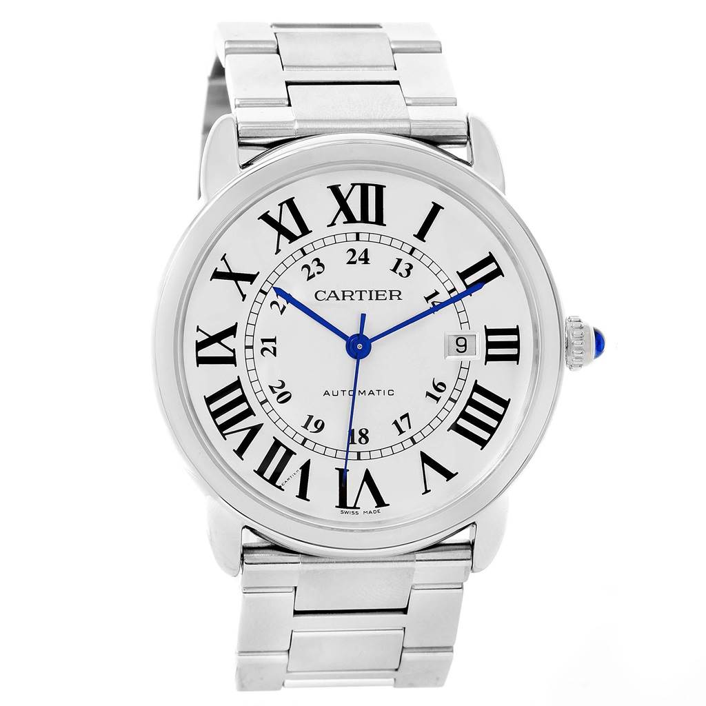 The Cartier Ronde W6701011 Men
s Stainless Steel Silver Dial W6701011 Men
s Stainless Steel Silver Dial watch is shown from a front angle, displaying its face, Roman numerals, blue hands, and a metal bracelet.