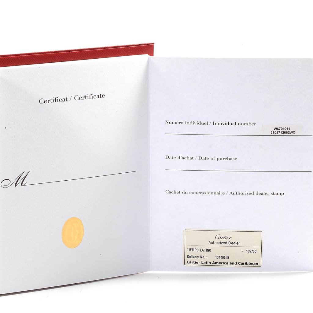 The image shows the open certificate booklet for a Cartier Ronde W6701011 Men
s Stainless Steel Silver Dial W6701011 Men
s Stainless Steel Silver Dial watch, displaying sections for individual number, date of purchase, and dealer stamp.