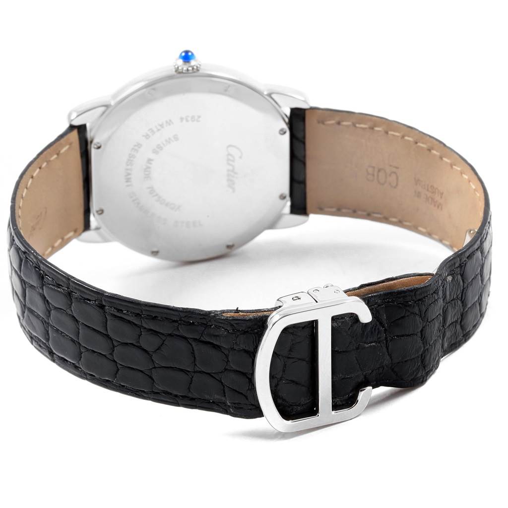The image shows the back of a Cartier Ronde W6700255 Stainless Steel Silver Dial W6700255 Stainless Steel Silver Dial watch, featuring the case back, strap, and clasp.