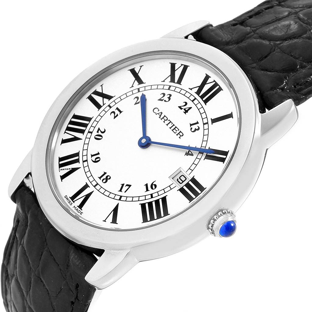 This image shows a Cartier Ronde W6700255 Stainless Steel Silver Dial W6700255 Stainless Steel Silver Dial watch from a slightly angled top view, highlighting its dial, Roman numerals, and leather strap.