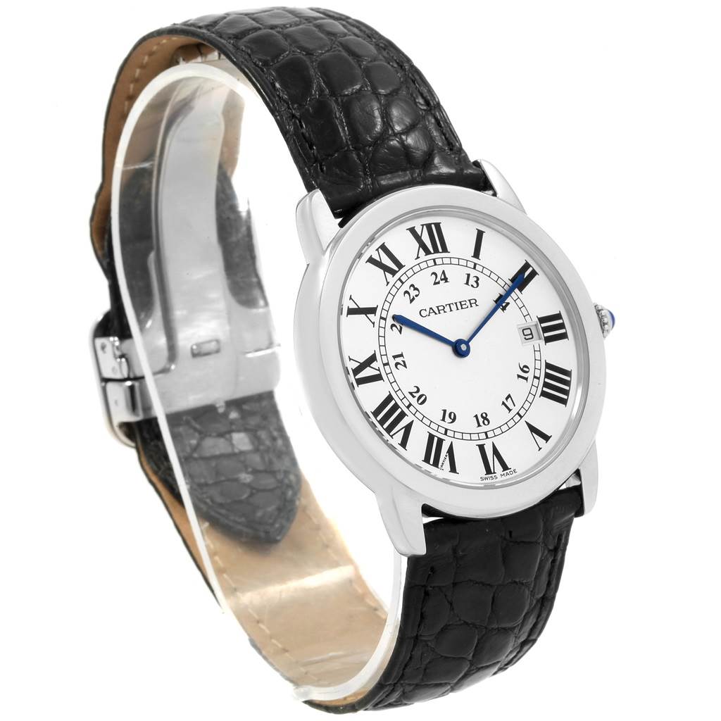 This image shows the Ronde model watch by Cartier from a front angle, highlighting the black leather strap and Roman numeral dial.