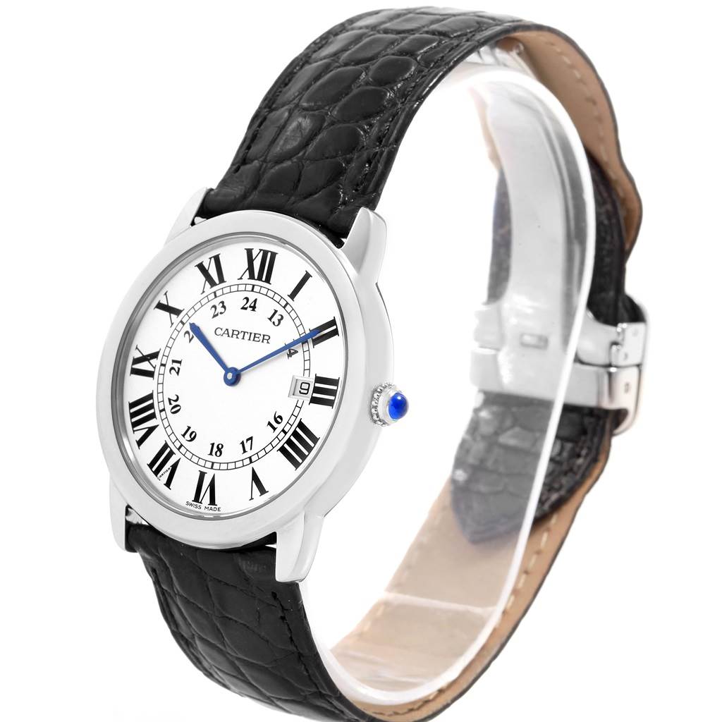 The Ronde model by Cartier is shown at a three-quarters angle, displaying the face, bezel, crown, and alligator leather strap.