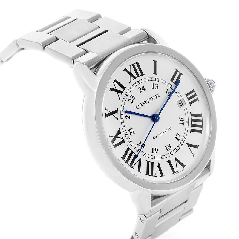 The Cartier Ronde model watch is shown at a three-quarter angle, highlighting its face, bezel, and part of the bracelet.