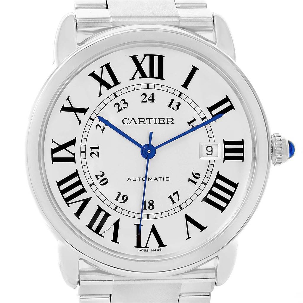 This image shows a close-up front angle of the Cartier Ronde W6701011 Men
s Stainless Steel Silver Dial W6701011 Men
s Stainless Steel Silver Dial model watch, highlighting its Roman numeral dial and blue hands.