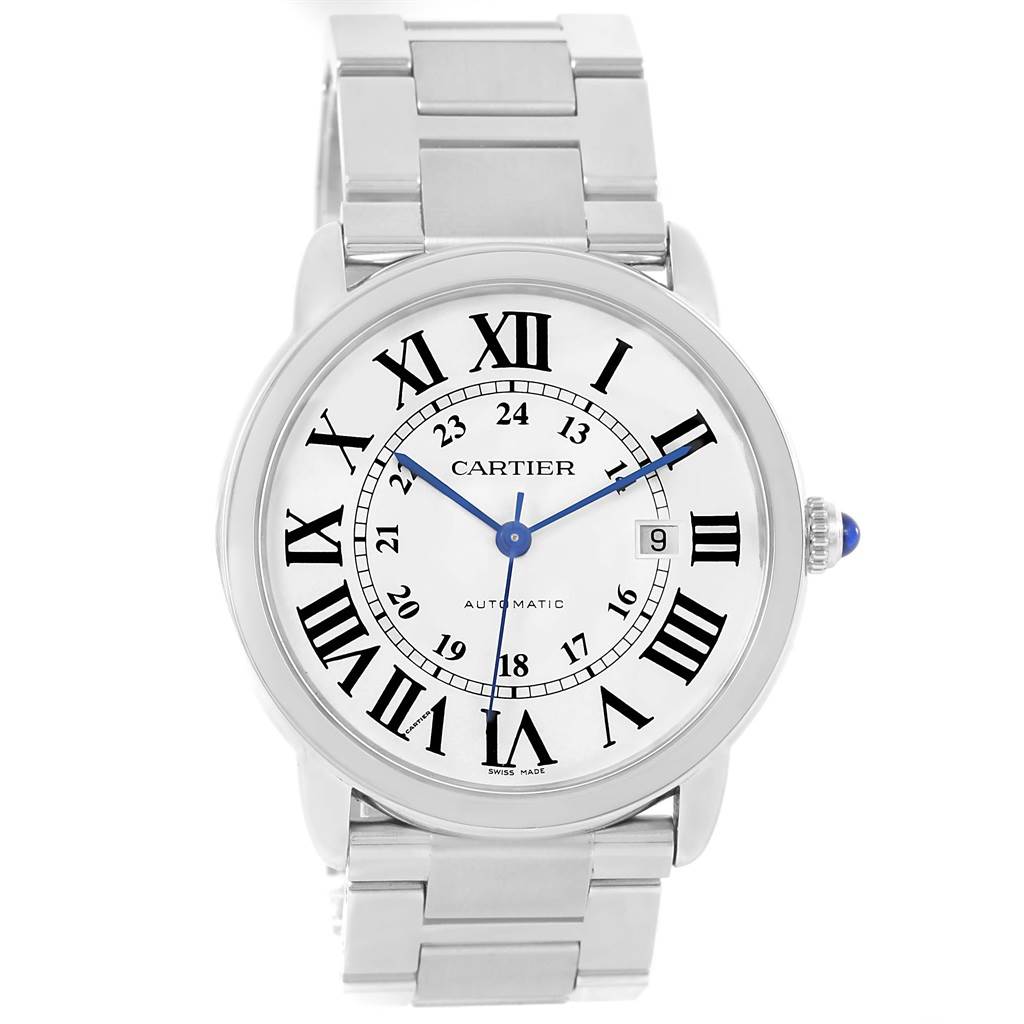 The image shows a Cartier Ronde W6701011 Men
s Stainless Steel Silver Dial W6701011 Men
s Stainless Steel Silver Dial watch with a metal bracelet, Roman numerals, and a white dial viewed from the front.