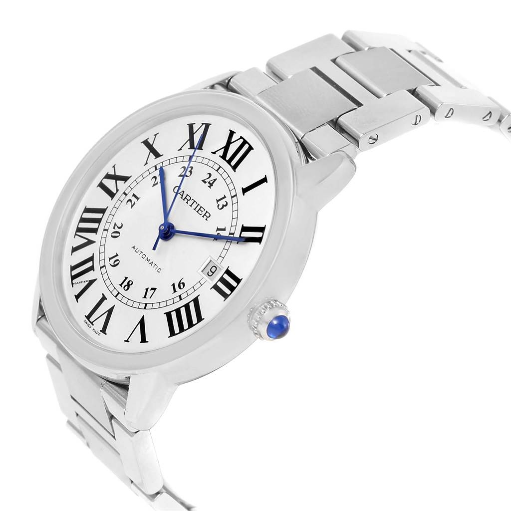 The image shows a side angle of a Cartier Ronde W6701011 Men
s Stainless Steel Silver Dial W6701011 Men
s Stainless Steel Silver Dial watch, highlighting its face, blue hands, and silver bracelet.