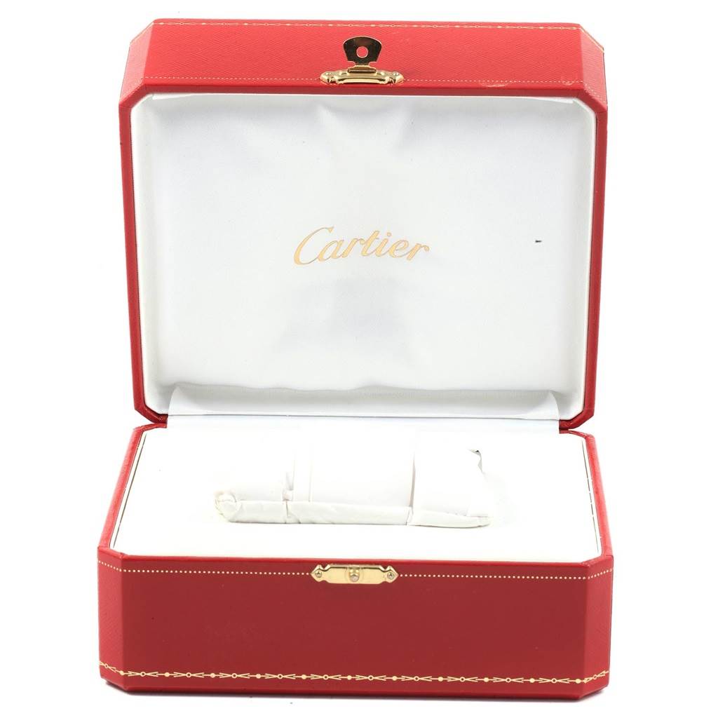 The image shows an open Cartier watch box for the Ronde model, highlighting the luxurious red exterior and soft white interior.