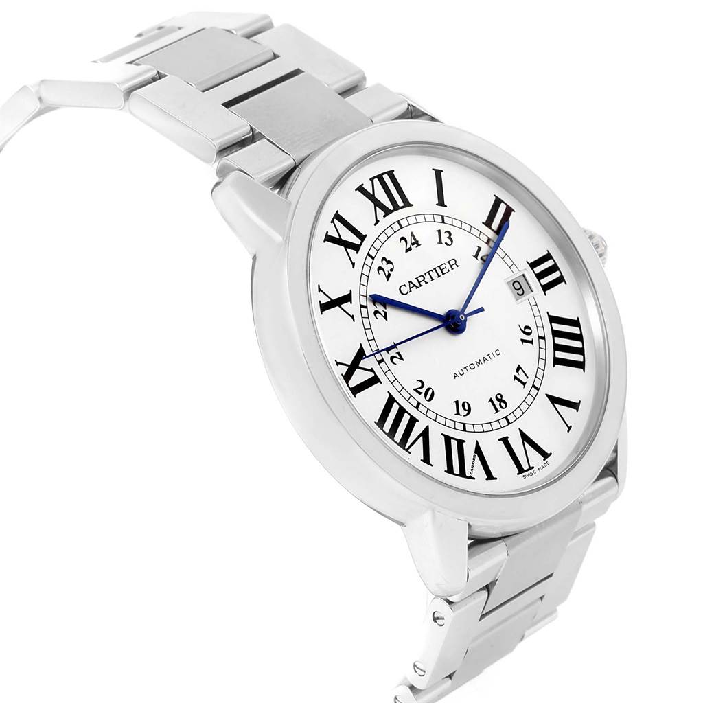 The image shows a Ronde model by Cartier at a slight angle, displaying its dial, bezel, and part of its metal bracelet.