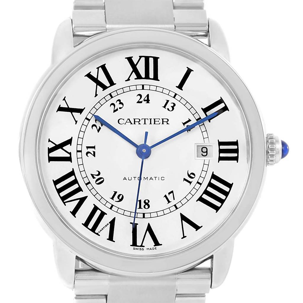 The image shows a front view of the Cartier Ronde W6701011 Men
s Stainless Steel Silver Dial W6701011 Men
s Stainless Steel Silver Dial model watch, displaying its dial, Roman numerals, date window, and part of the stainless steel bracelet.