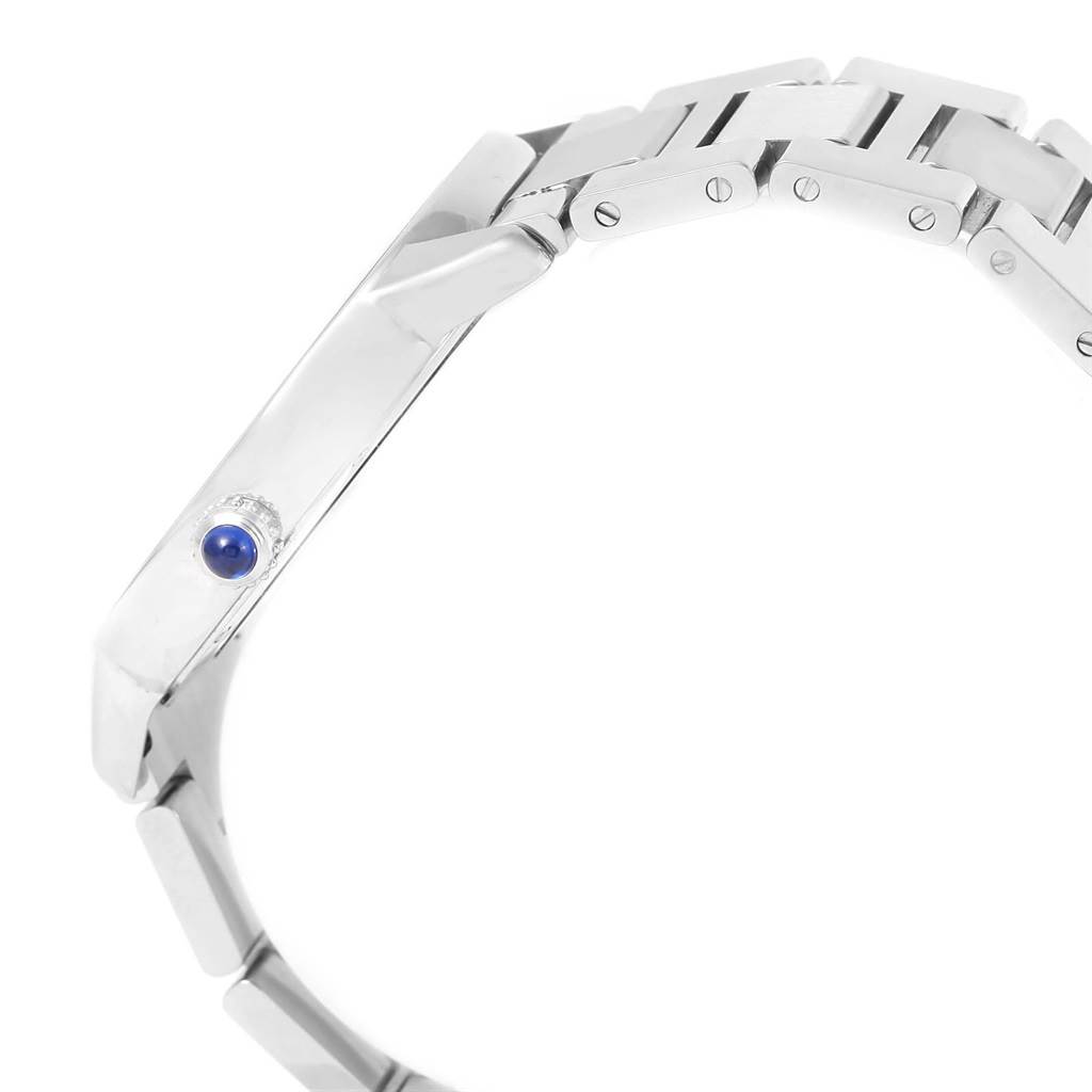 The image shows a side view of the bracelet and crown with a blue cabochon of a Cartier Ronde W6701011 Men
s Stainless Steel Silver Dial W6701011 Men
s Stainless Steel Silver Dial watch.