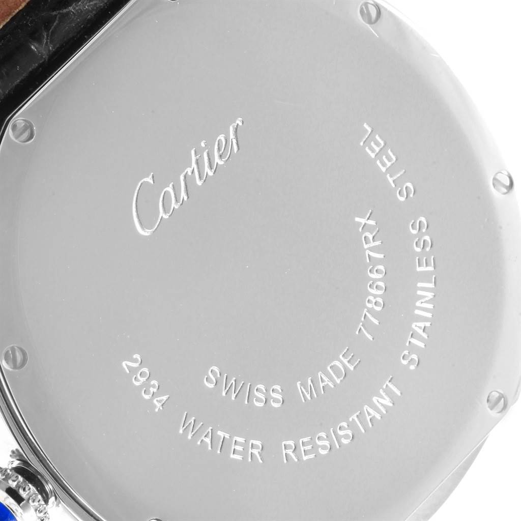 The image shows the back of the Cartier Ronde W6700255 Stainless Steel Silver Dial W6700255 Stainless Steel Silver Dial model watch, highlighting inscriptions and material details.