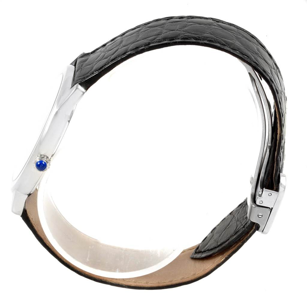 The image shows the side view of a Cartier Ronde W6700255 Stainless Steel Silver Dial W6700255 Stainless Steel Silver Dial watch, highlighting the leather strap and the side profile of the case.