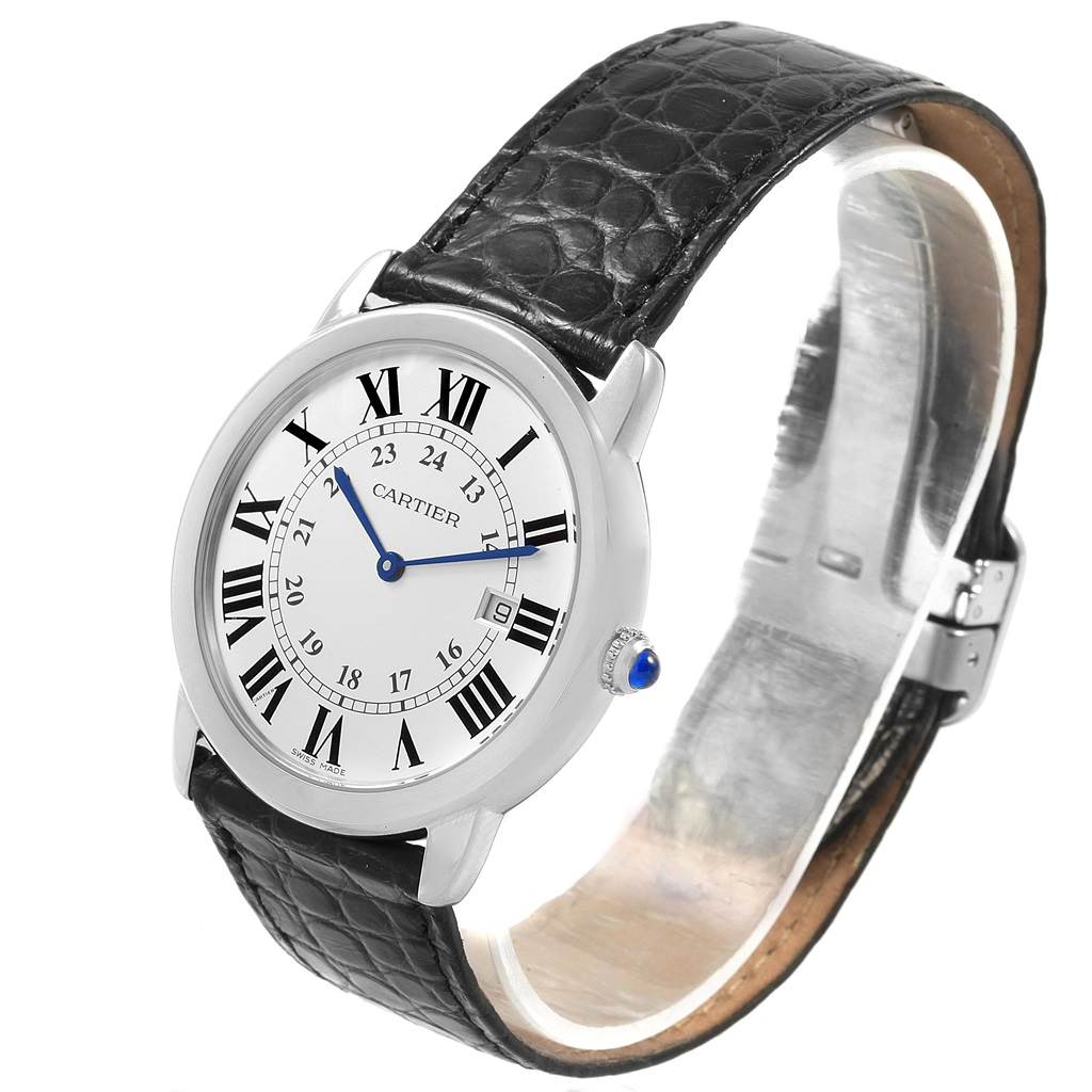 This image shows a Cartier Ronde W6700255 Stainless Steel Silver Dial W6700255 Stainless Steel Silver Dial watch angled slightly to the left, showcasing the face, strap, and crown.