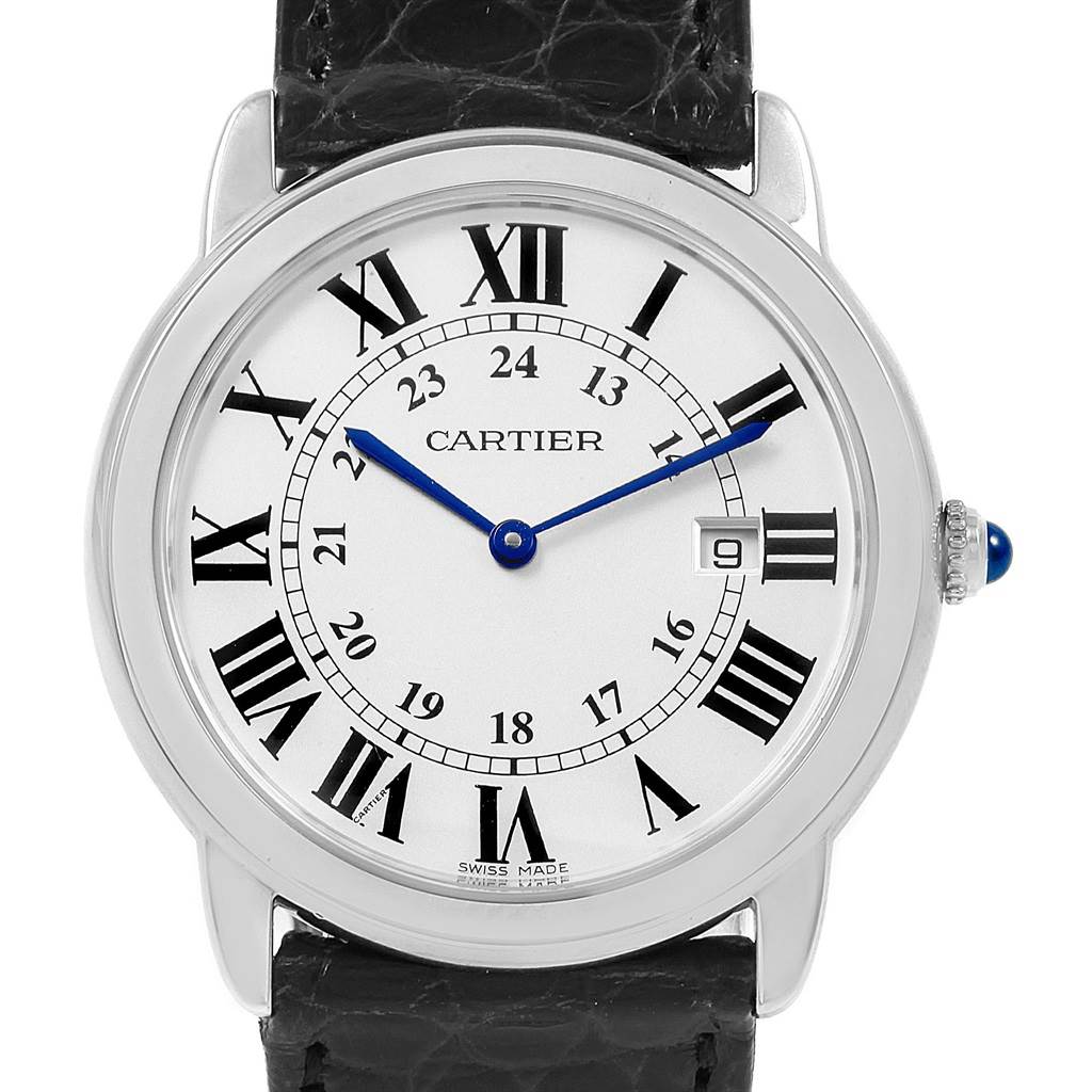 The image shows a Cartier Ronde W6700255 Stainless Steel Silver Dial W6700255 Stainless Steel Silver Dial watch from a straight-on angle, displaying its face, bezel, crown, and part of the strap.