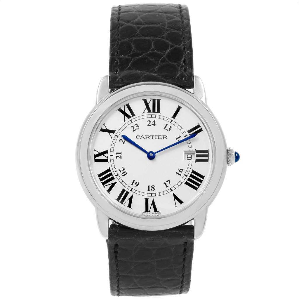The image shows a front view of a Cartier Ronde W6700255 Stainless Steel Silver Dial W6700255 Stainless Steel Silver Dial watch with a black leather strap, white dial, and Roman numeral hour markers.