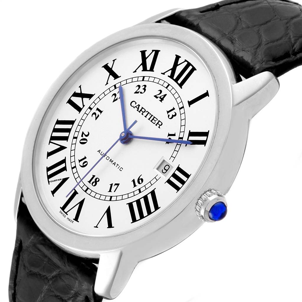 The image shows the Cartier Ronde W6701010 Men
s Stainless Steel Silver Dial W6701010 Men
s Stainless Steel Silver Dial model watch from an angled side view, highlighting the face, bezel, crown, and strap.