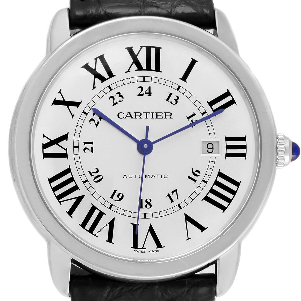 This is a close-up, front view of the Cartier Ronde W6701010 Men
s Stainless Steel Silver Dial W6701010 Men
s Stainless Steel Silver Dial model watch face, showcasing the Roman numerals, blue hands, and date window.