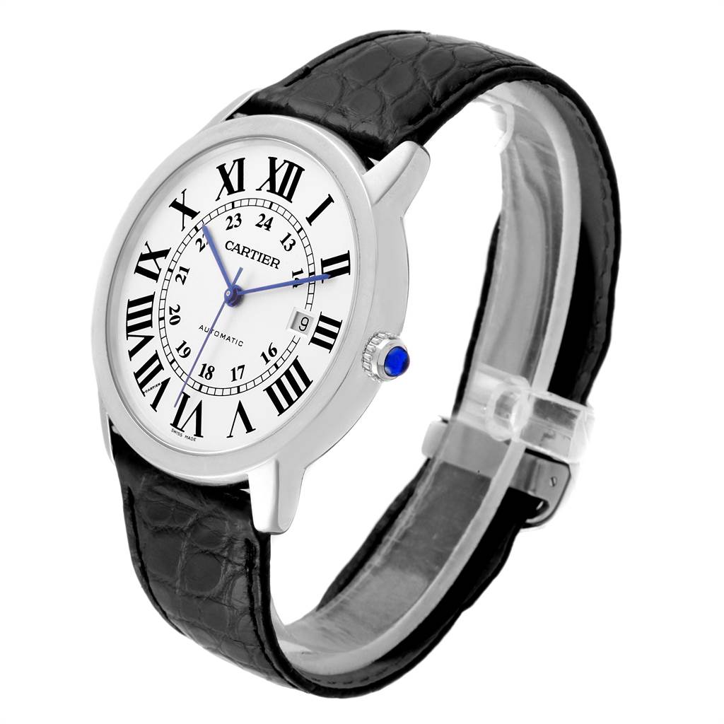 The image shows a Cartier Ronde W6701010 Men
s Stainless Steel Silver Dial W6701010 Men
s Stainless Steel Silver Dial watch at a slight angle, showcasing its face, crown, and black leather strap.