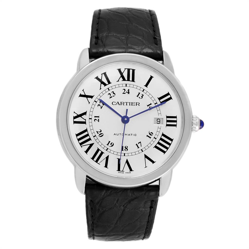 The image shows a front view of the Cartier Ronde W6701010 Men
s Stainless Steel Silver Dial W6701010 Men
s Stainless Steel Silver Dial watch, displaying its face, Roman numerals, and black leather strap.