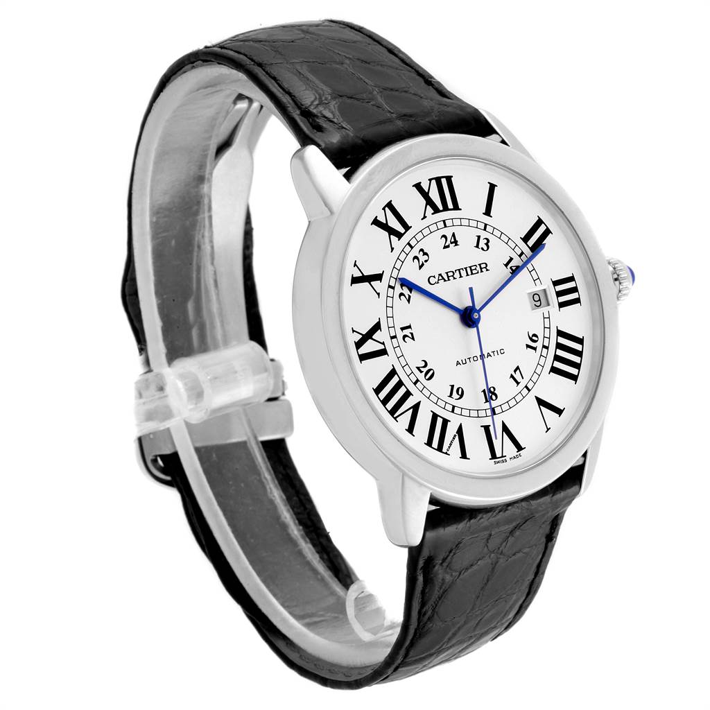 The image shows a Cartier Ronde W6701010 Men
s Stainless Steel Silver Dial W6701010 Men
s Stainless Steel Silver Dial model watch at a slight angled perspective, highlighting the face, bezel, and leather strap.